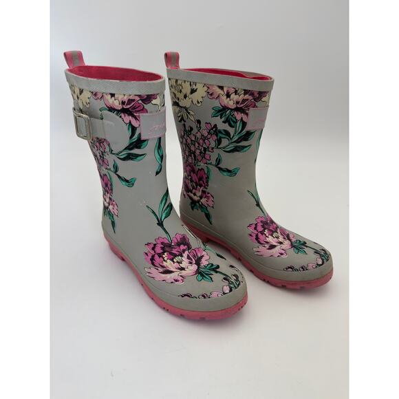 Joules Wellies Women's Size 7 Floral Mid-Calf Rubber Rain Boots Gray/Pink - Picture 1 of 7